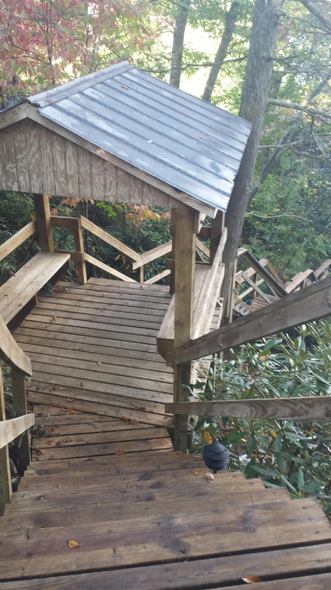 Metal roofed shelter over wooden steps on a wooded walkway — Skylight Repair & Installation work by our crew in Gas City